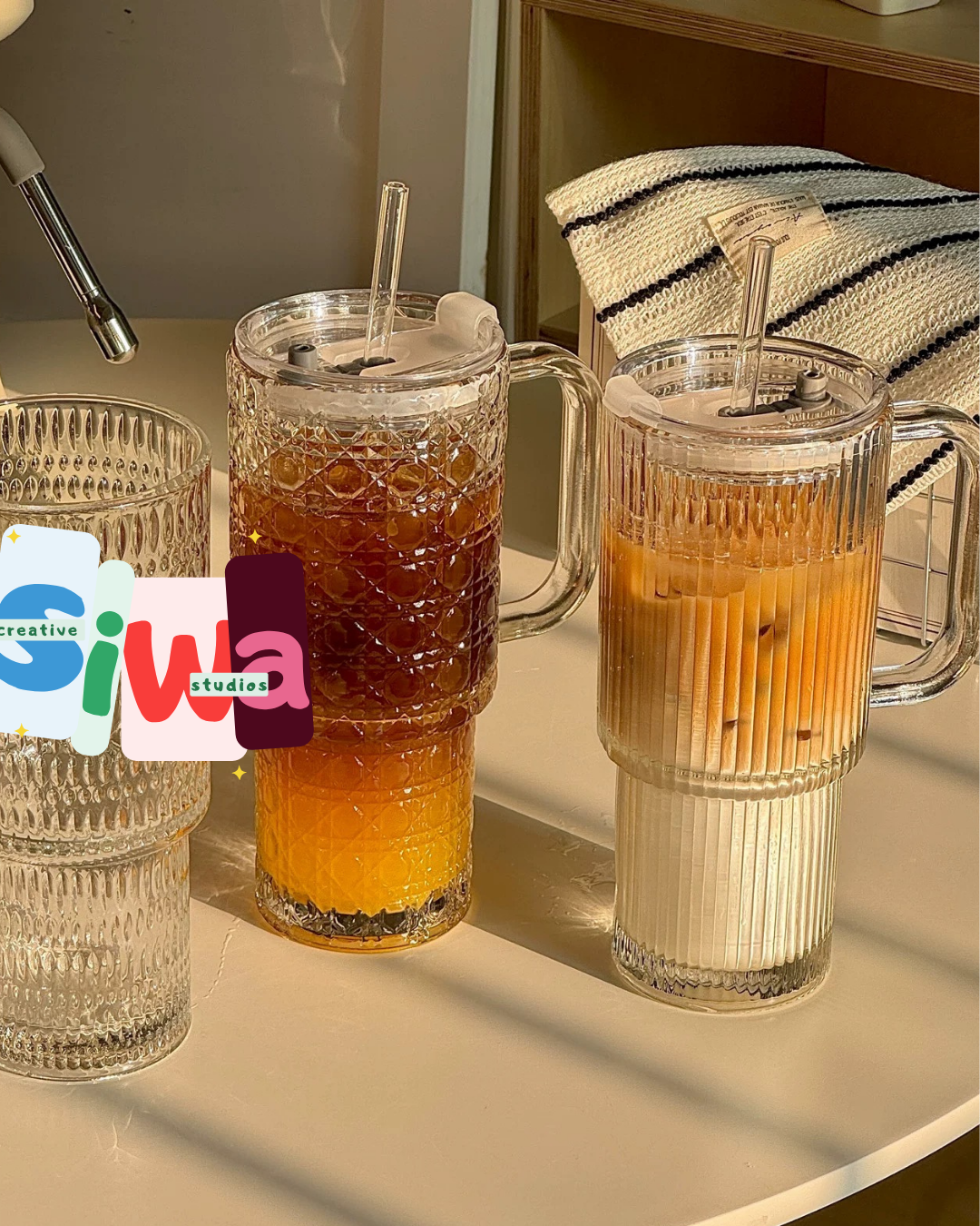 "Stanley" Style Textured Glass Mug with Straw & Lid - Hot and Cold Beverages