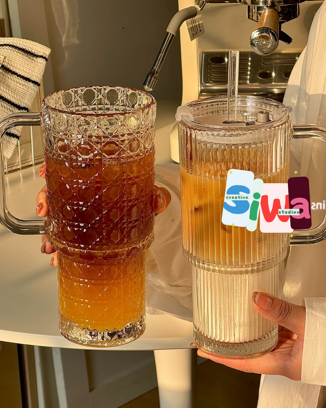 "Stanley" Style Textured Glass Mug with Straw & Lid - Hot and Cold Beverages
