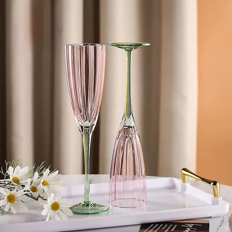 Elegant Two-Tone Champagne Flutes – Pink Bowl with Green Stem Ribbed Glass Stemware (Set of 2)