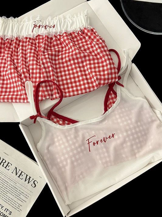 White & Red Gingham Cami Pajama Set