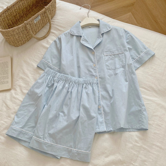 Solid Blue & Solid White Pajama Set with Blue Piping