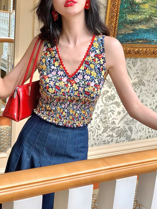 Floral Smocked V-Neck Tank Top with Red Trim