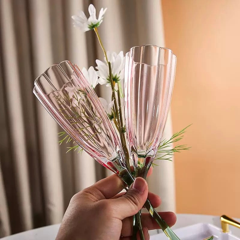 Elegant Two-Tone Champagne Flutes – Pink Bowl with Green Stem Ribbed Glass Stemware (Set of 2)