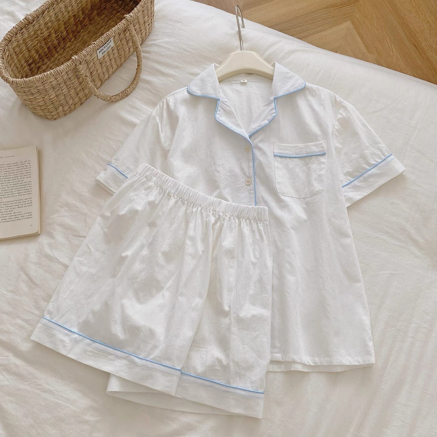 Solid Blue & Solid White Pajama Set with Blue Piping