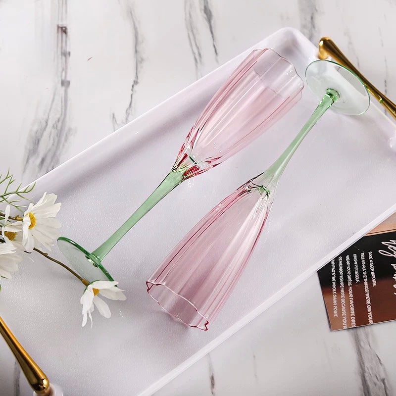 Elegant Two-Tone Champagne Flutes – Pink Bowl with Green Stem Ribbed Glass Stemware (Set of 2)