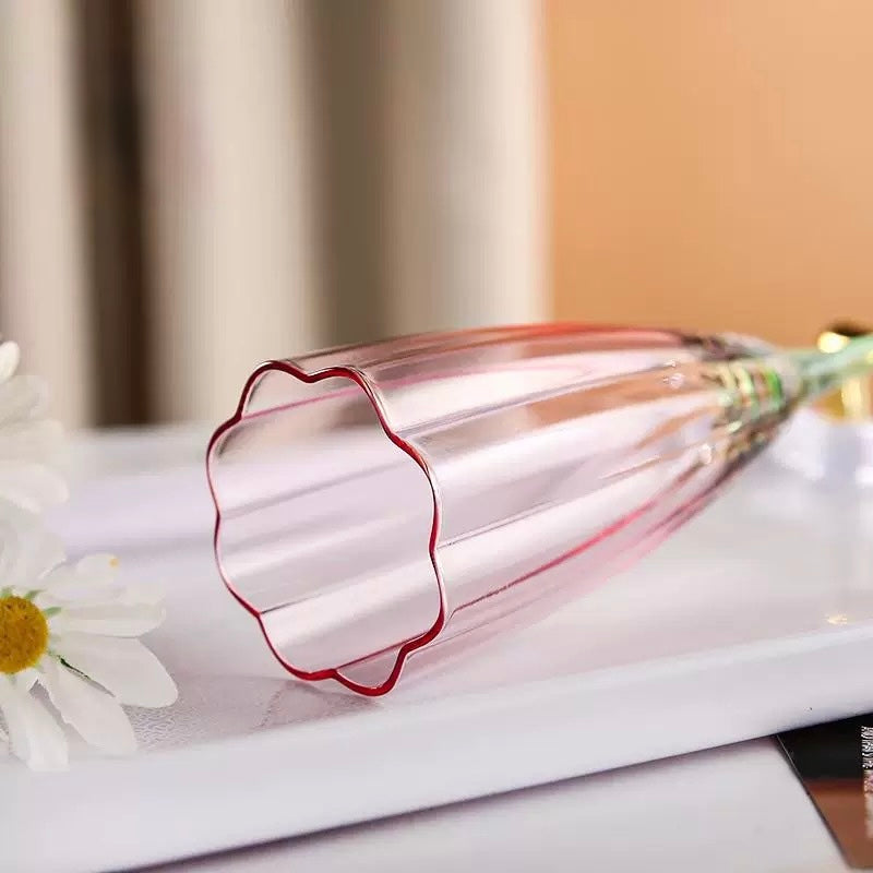 Elegant Two-Tone Champagne Flutes – Pink Bowl with Green Stem Ribbed Glass Stemware (Set of 2)