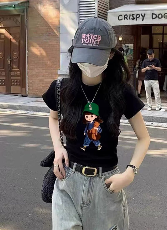 Black T-Shirt with Walking Girl and Teddy Print