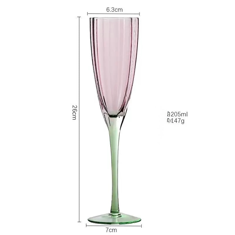 Elegant Two-Tone Champagne Flutes – Pink Bowl with Green Stem Ribbed Glass Stemware (Set of 2)