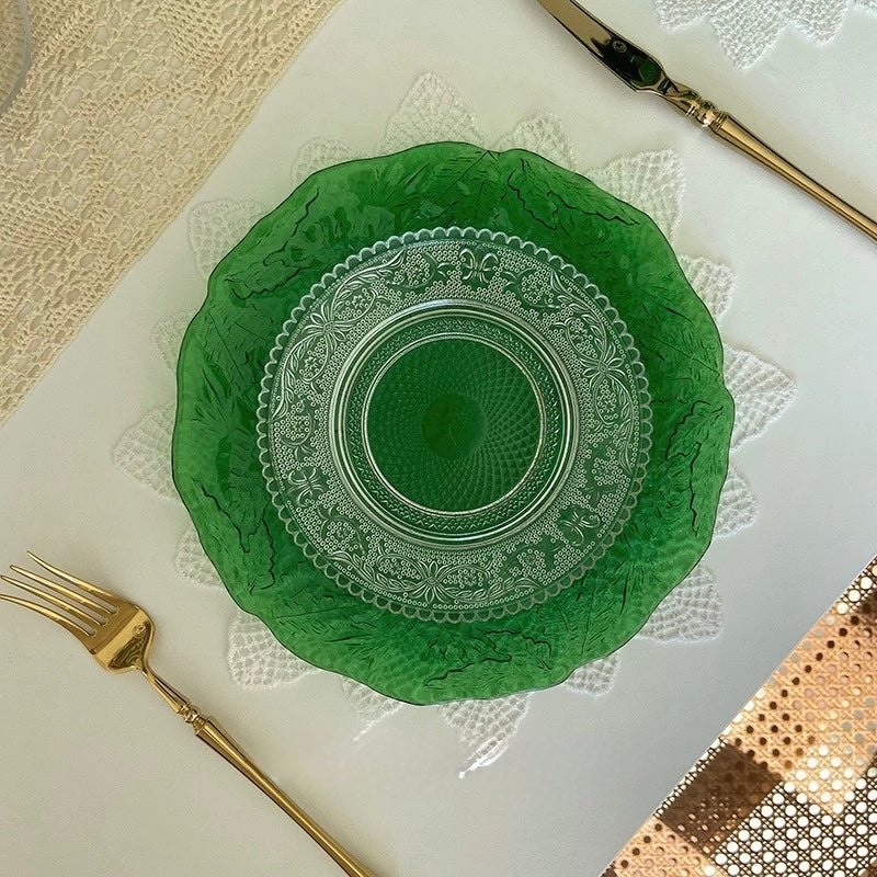 Emerald Fern Pressed Glass Serving Plates (Sets)