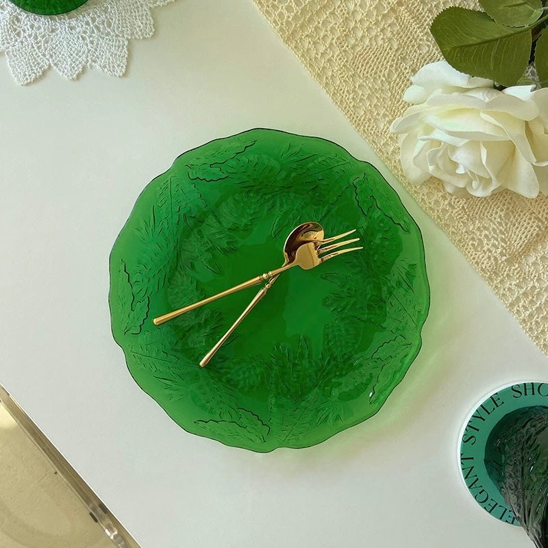 Emerald Fern Pressed Glass Serving Plates (Sets)