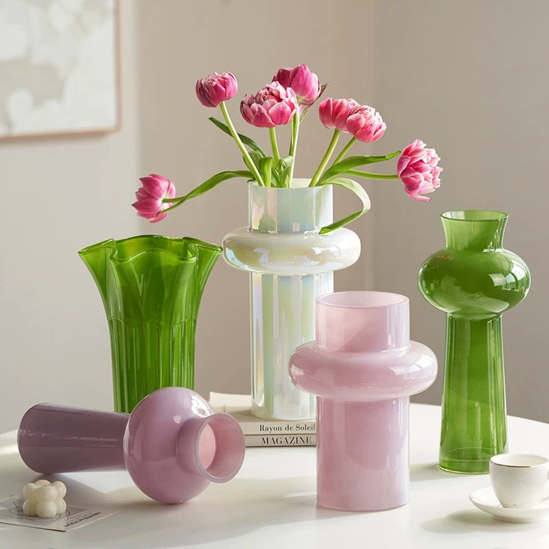 Pastel Art Glass Vase Collection — Modern Iridescent Pink, Green & Lilac Home Decor
