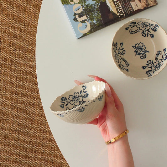 Vintage Blue Floral Rimmed Bowl