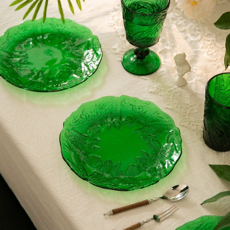 Emerald Fern Pressed Glass Serving Plates (Sets)