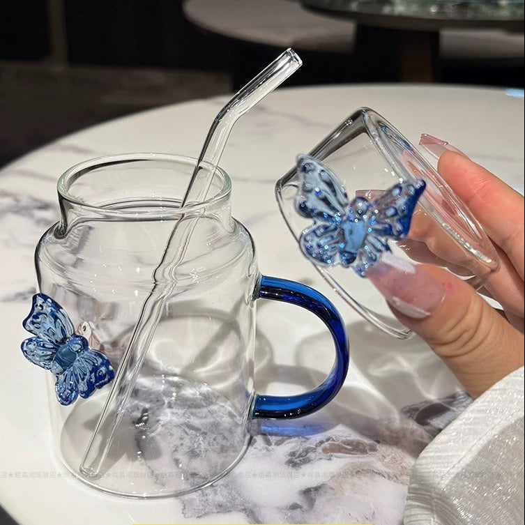 Lid Glass Tumbler – 3D Butterfly Printed Glass Cups with Lids & Straws
