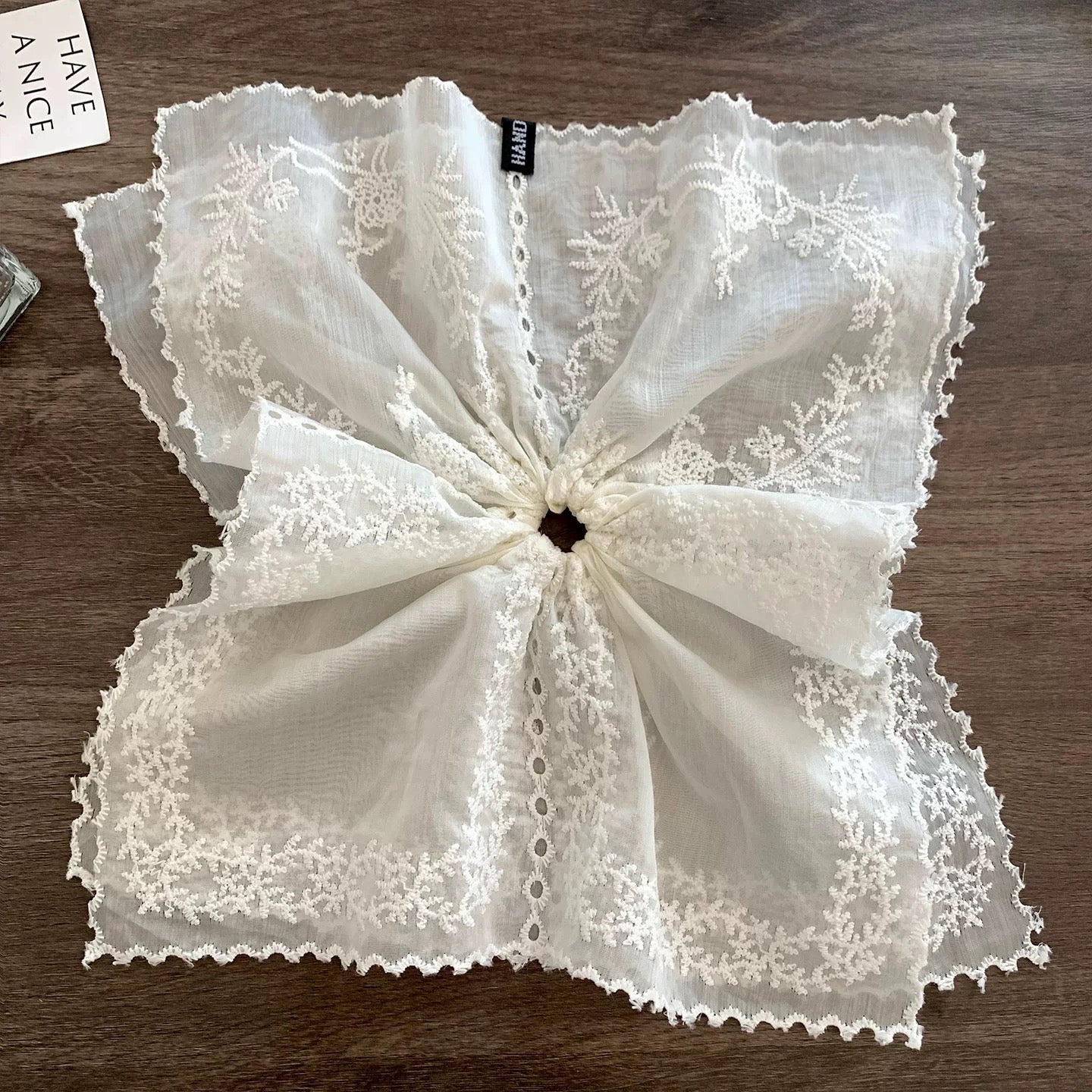 White Cotton Rectangle Detail Oversized Scrunchie