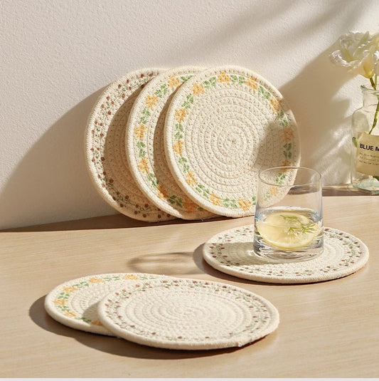 Embroidered Botanical Cotton Rope Trivet/Placemat Set
