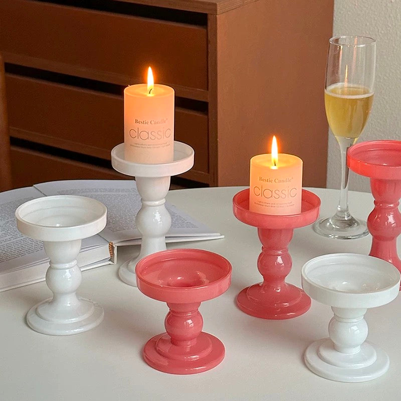 Modern Coral & White Ceramic Candlestick Holder Set