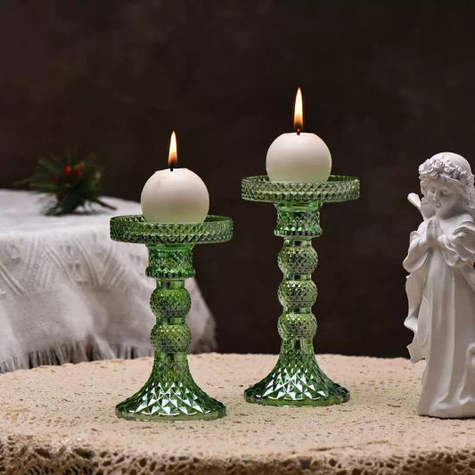 Emerald Diamond-Cut Glass Candlestick Set (Pair)