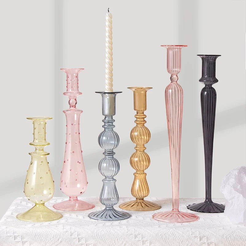 Pastel Glass Taper Candle Holders – Art Deco Inspired Home Accent Set