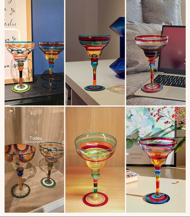 Colorful cocktail glasses in various settings with text