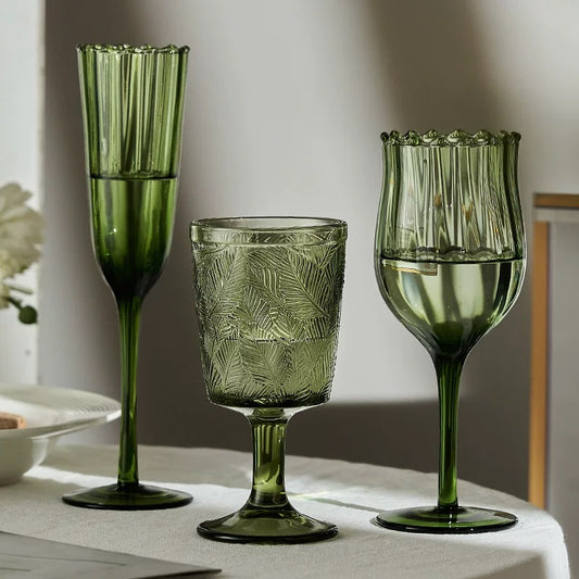 Emerald Palm Goblet Set — Vintage Botanical Etched Glassware