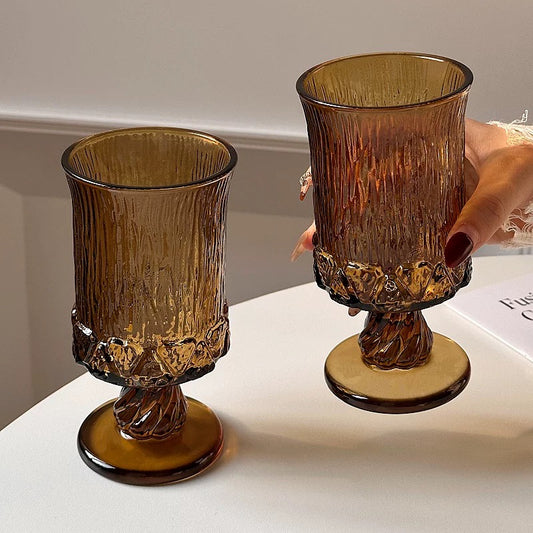 Vintage Amber Tortoiseshell Glass Goblets – Ribbed Texture Footed Wine Glasses with Ornate Base (Set of 2)