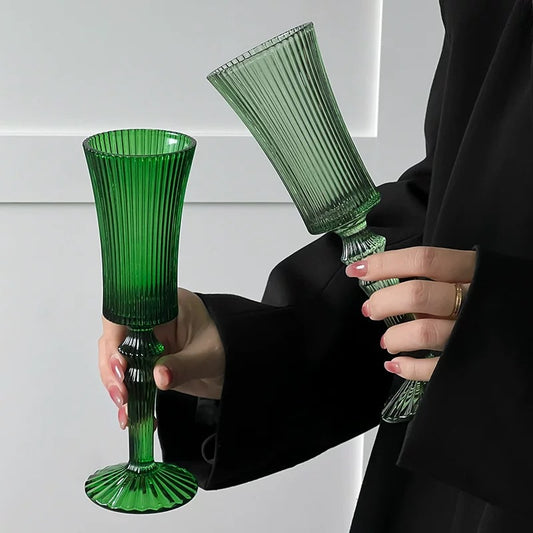 Vintage Emerald Green Ribbed Glass Vase Set – Footed Pedestal Vases with Vertical Texture (Set of 2)