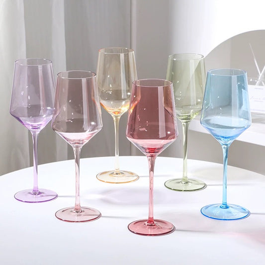 Dreamy Pastel Rainbow Wine Glass Set – Modern Colored Stemware in Soft Lavender, Pink, Amber, Green & Blue (Set of 6)