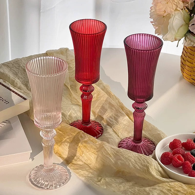Vintage Ribbed Wine Glasses – Romantic Retro Goblets in Rose, Red & Plum