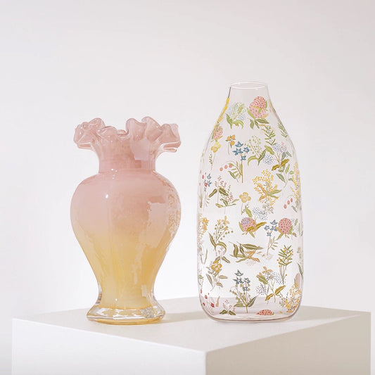 Romantic Sunset Gradient Glass Vase Set – Pink to Yellow Ombré Flower Vases with Botanical Bottle Design