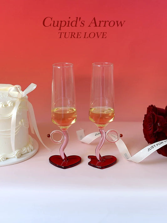 Romantic Heart Base Champagne Flutes – Cupid's Arrow Love Stemware with Red Heart Feet (Set of 2)