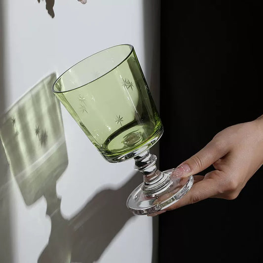 Vintage Etched Green Wine Goblet with Star Pattern – Crystal Stem Elegant Colored Glassware