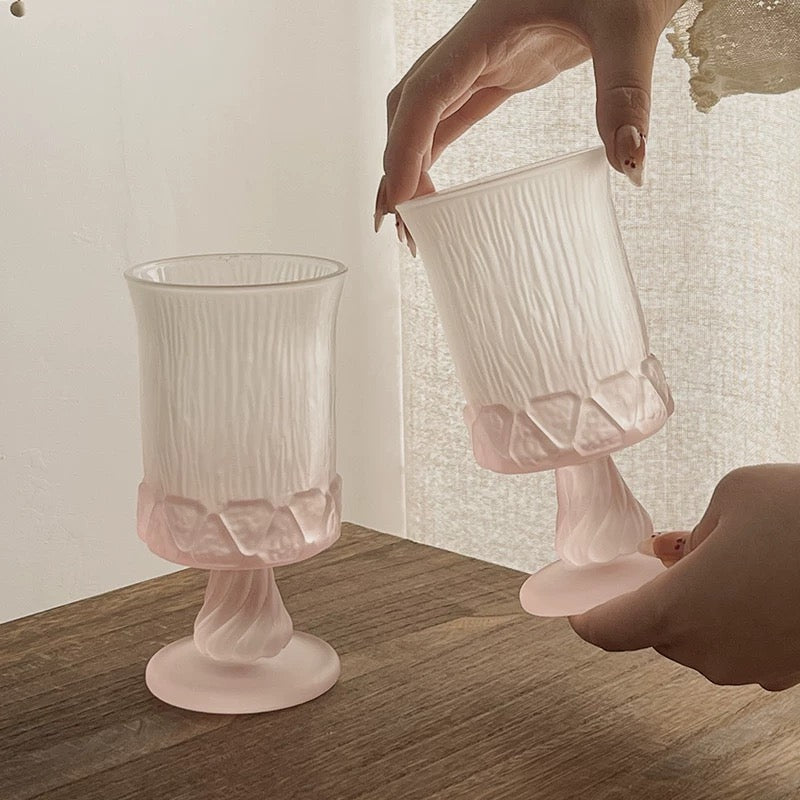 Elegant Frosted Pink Glass Cup with Bow Ribbon Detail – Romantic Pedestal Flower Cup (Set of 2)
