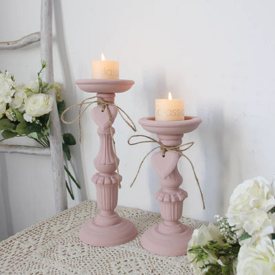 Shabby Chic Blush Pink Ceramic Candlestick Holders – Vintage Inspired Pillar Candle Holders (Set of 2)