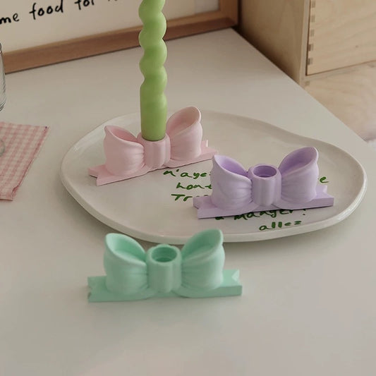 Adorable Ceramic Bow Candle-stick Holder – Pastel Colored Kitchen Accessories with 3D Ribbon Design (Set of 5)