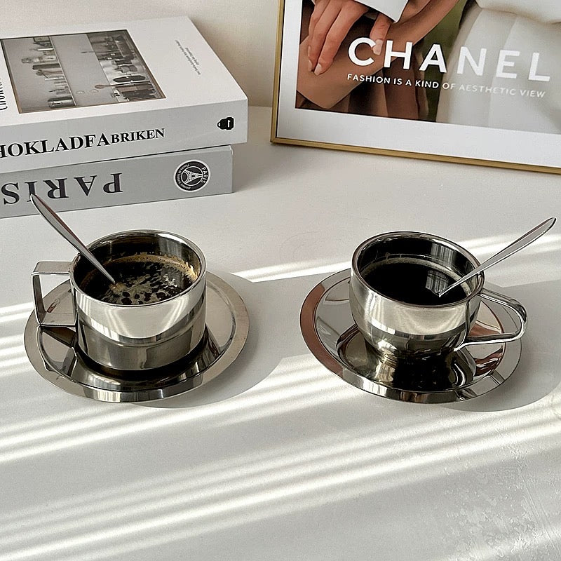 Mirror Chrome Espresso Cup & Saucer Set with Spoon | Stainless Steel Double Wall Coffee Cup | Luxury Aesthetic Coffee Set of 2