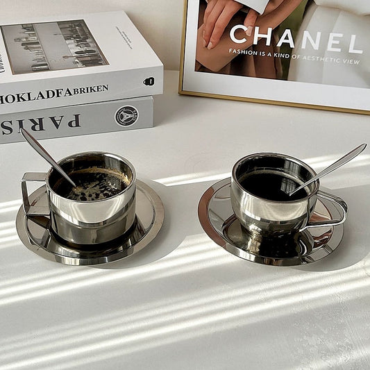 Mirror Chrome Espresso Cup & Saucer Set with Spoon | Stainless Steel Double Wall Coffee Cup | Luxury Aesthetic Coffee Set of 2