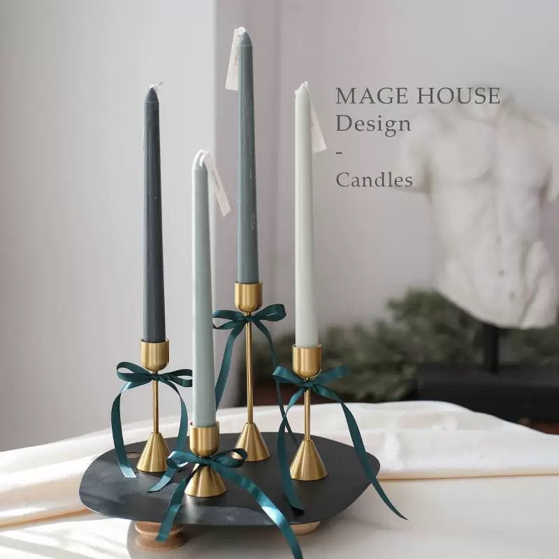 Romantic Porcelain & Brass Candlestick Holders with Blue Ribbon Detail – Victorian Inspired Taper Candle Set (Set of 3)