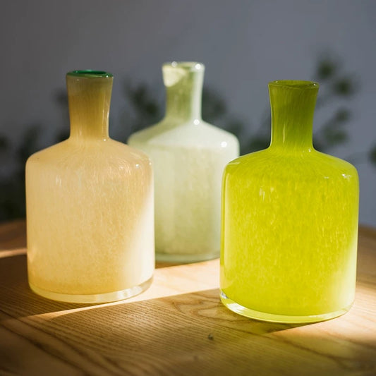 Nordic Frosted Glass Bottle Vase Set – Lemon Yellow to Green Gradient Minimalist Vases