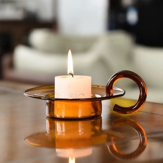 Vintage Amber Glass Candle Holder with Handle – Retro Teacup Style Tealight Holder