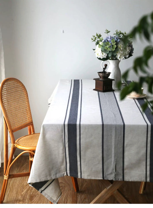 Classic Stripe Linen Tablecloth – French Country Farmhouse Table Linen in Navy Blue & White