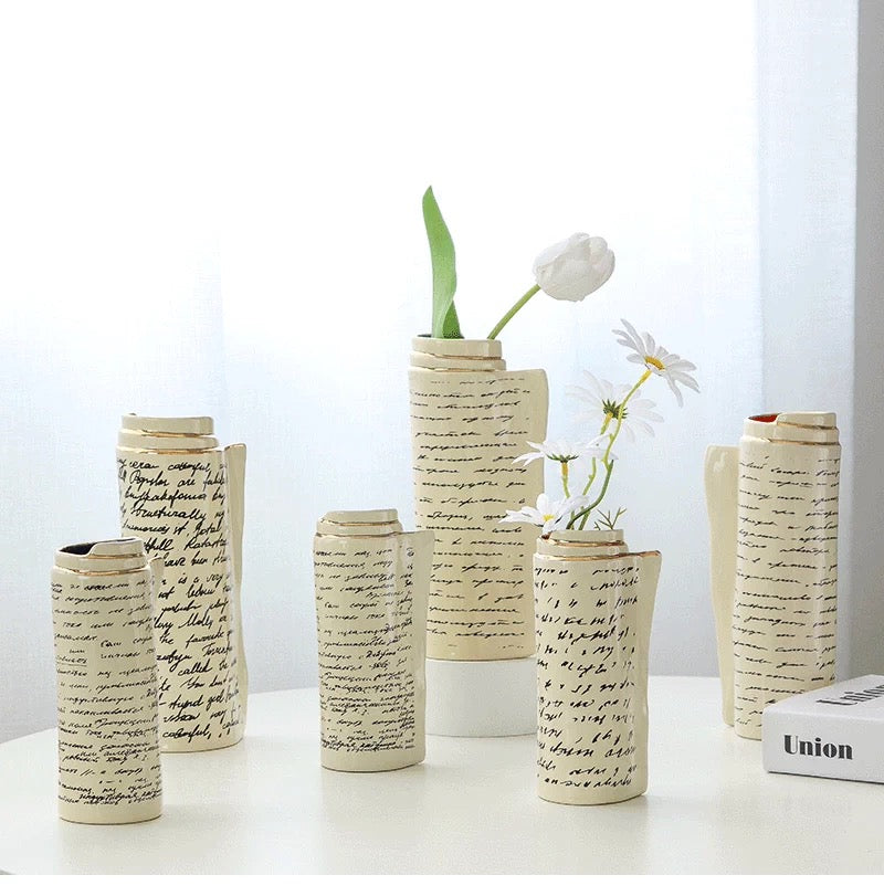 Artistic Hand-Lettered Ceramic Vase Set – Script Typography Decorative Vases (Set of 2 Sizes)