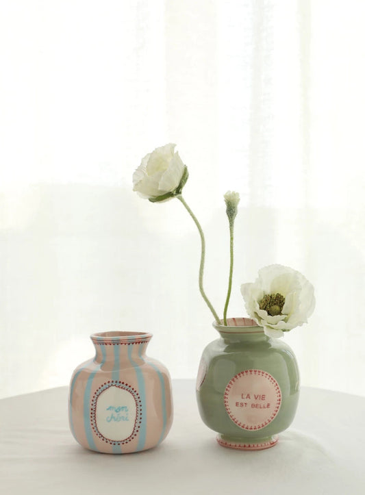 Pastel French Typography Ceramic Vases – "Mon Chou" & "La Vie Est Belle" Quote Vases (Set of 2)