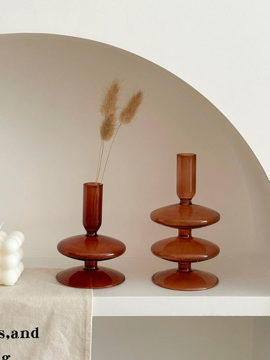 Amber Stacked-Disk Glass Vases — Retro Amber Candle & Bud Vase Collection
