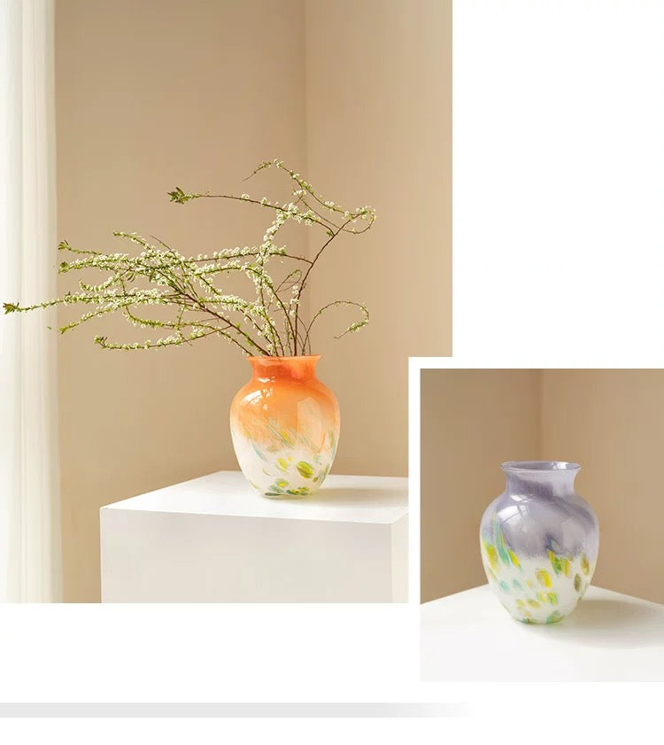 Gradient Marbled Bulb Vase — Hand-Blown Orange & Lavender Flower Vase with Subtle Speckle