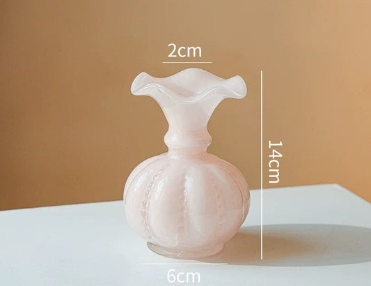 White decorative vase with dimensions on a brown background, featuring the brand siwa studios