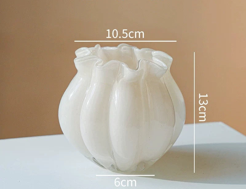 White decorative vase with dimensions on a brown background, featuring the brand 'Siwa Studios'.