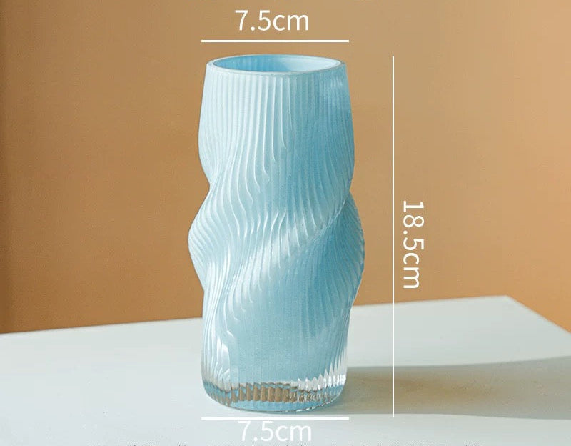Blue textured vase with dimensions on a beige background, featuring the brand 'Siwa Studios.