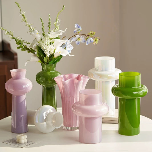 Pastel Art Glass Vase Collection — Modern Iridescent Pink, Green & Lilac Home Decor