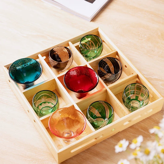 Iridescent Glass Cup Set with Wooden Tray – Vintage-Inspired Aesthetic Drinkware for Elegant Everyday Moments